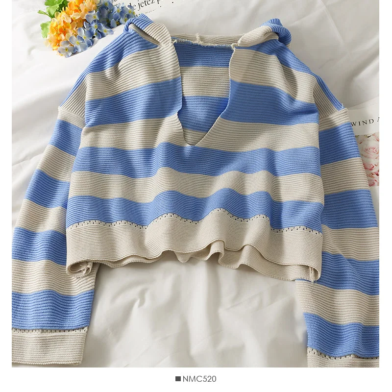 Hooded sweater women's autumn stripe versatile long sleeve Pullover Sweater  1989