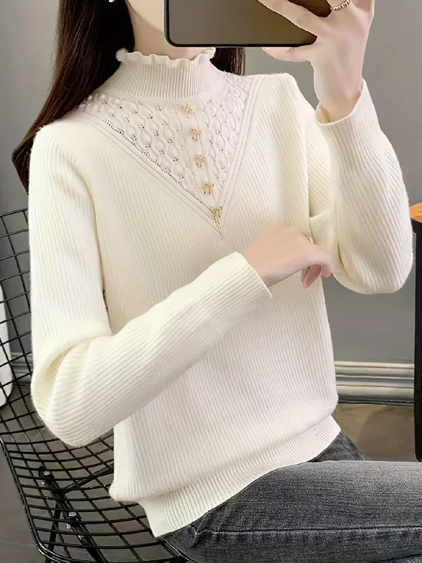 Sixsr Solid Mock Neck Fleece Sweater, Elegant Button Long Sleeve Thermal Inner Wear Sweater, Women's Clothing