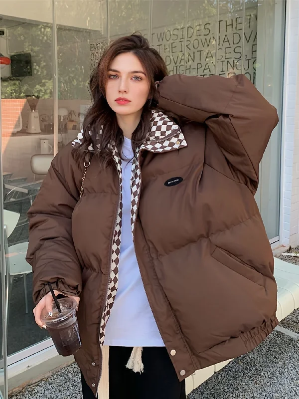 Sixsr Solid Puffy Warm Coat, Casual Zip Up Long Sleeve Winter Outerwear, Women's Clothing