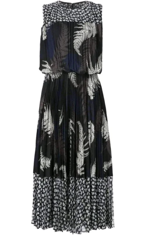 Mixed Print Pleated Maxi Dress