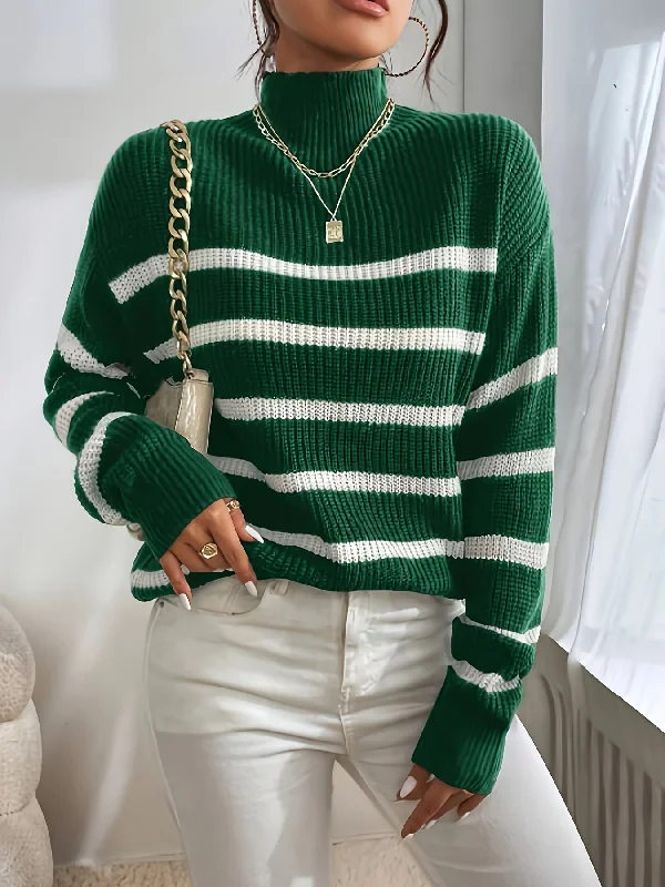 Sixsr Striped Turtle Neck Pullover Sweater, Casual Long Sleeve Sweater, Women's Clothing