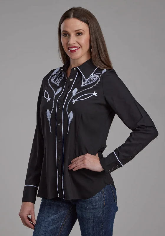 Roper Womens Heart Twill Retro Black Poly/Spandex L/S Shirt