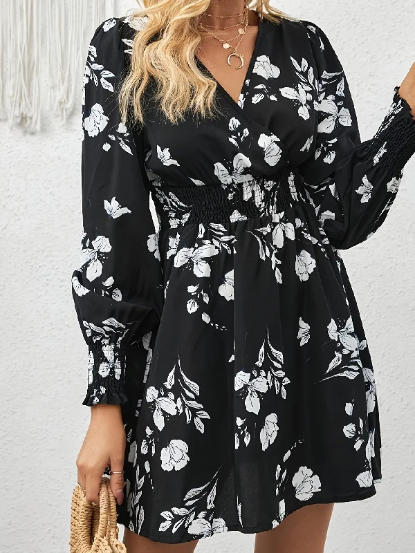 Sixsr Floral Print Surplice Neck Slim Dress, Elegant Long Sleeve Shirred High Waist Dress For Spring & Fall, Women's Clothing