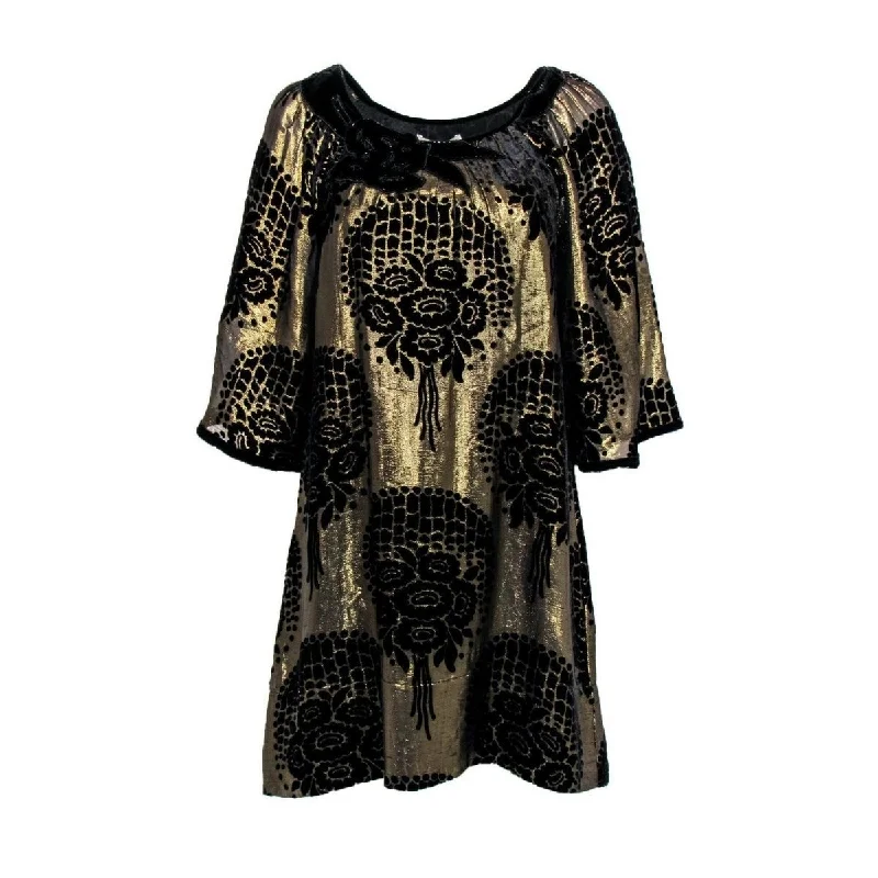 Gold Black Lame Silk Blend Shift Dress