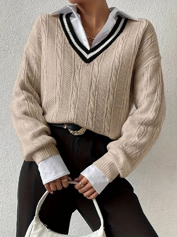 Sixsr V Neck Cable Knit Pullover Sweater, Casual Long Sleeve Drop Shoulder Sweater, Women's Clothing