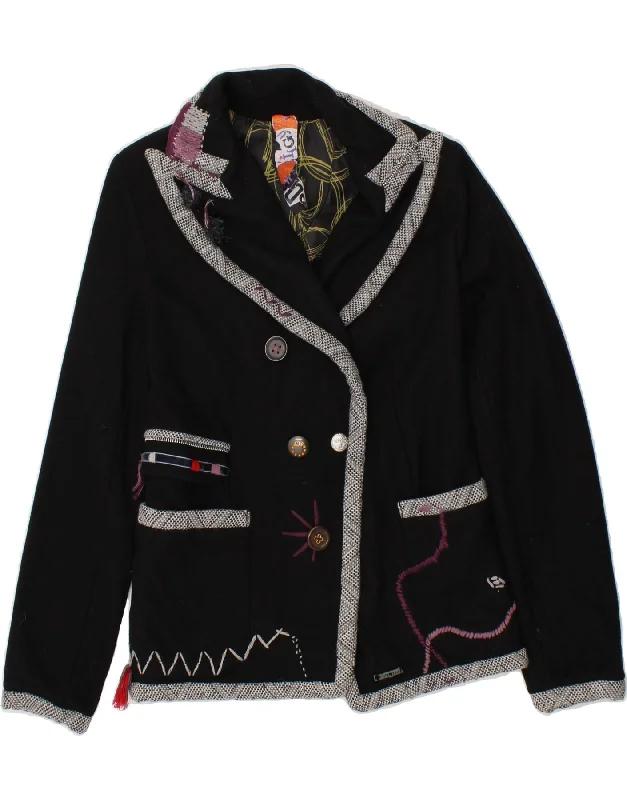 DESIGUAL Womens Double Breasted Coat EU 40 Medium Black Patchwork Wool