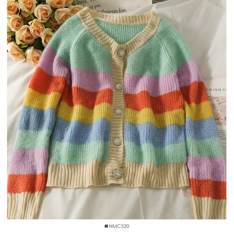 Elegant color stripe single breasted cardigan long sleeved sweater  1991