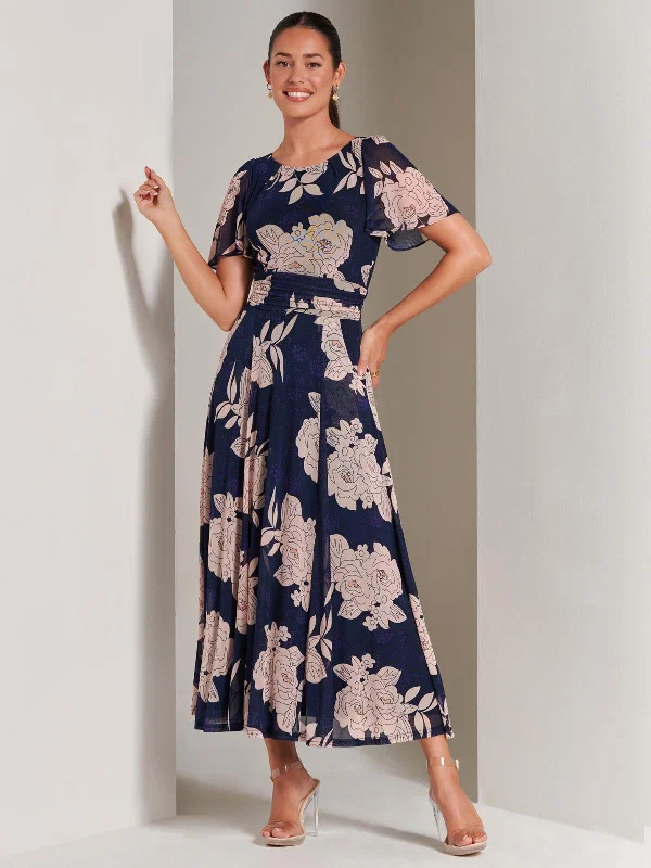 Paityn Angel Sleeve Mesh Maxi Dress, Navy Floral