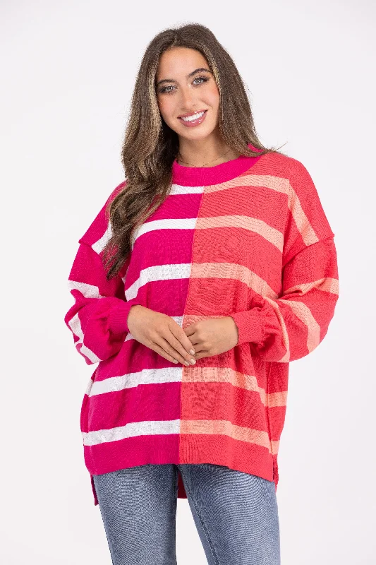 Striped Passion Women's Two-Tone Round Neckline Hi Lo Sweater