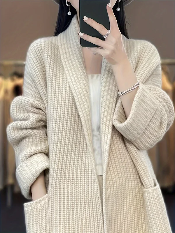 Sixsr Solid Open Front Knit Cardigan, Casual Long Sleeve Oversized Sweater Coat With Pocket, Women's Clothing