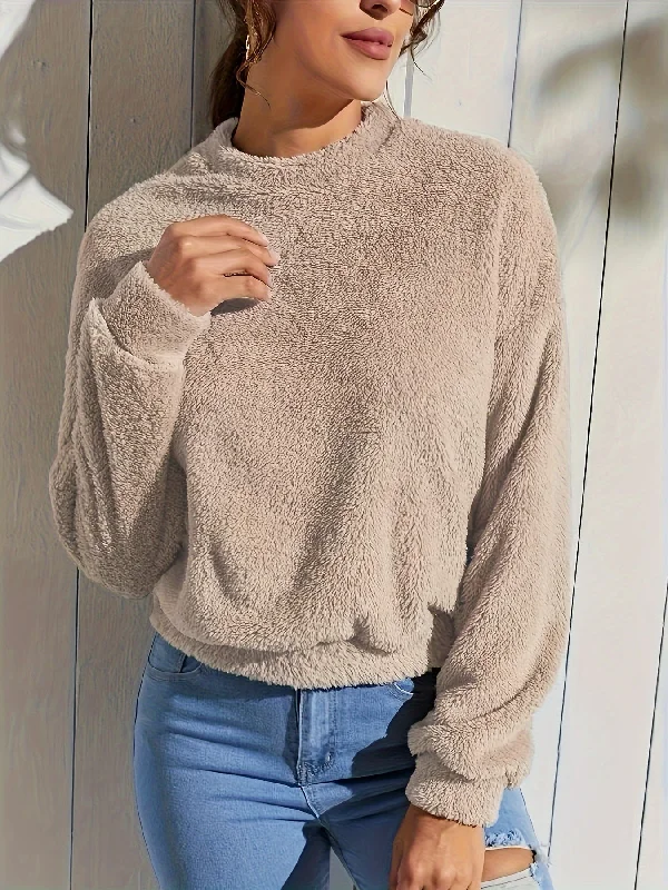 Sixsr Solid Plush Drop Shoulder Sweatshirt, Versatile Long Sleeve Crew Neck Sweatshirt, Women's Clothing