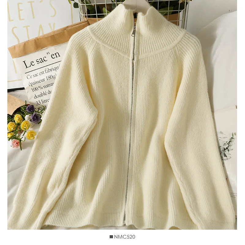 Han Fan high neck loose and thin zipper medium length sweater women  1977