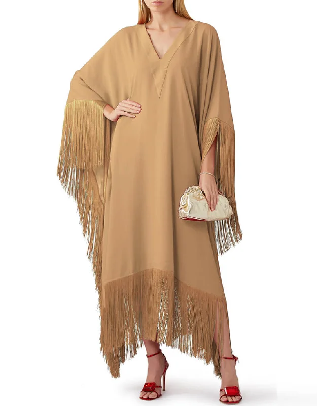 Beige V-Neck Style Fringed Kaftans