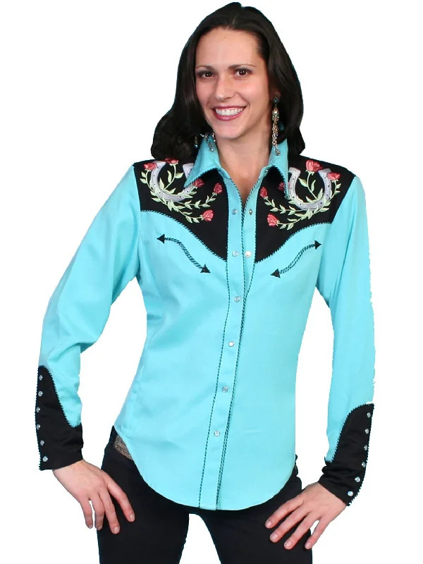 Scully Western Womens Turquoise Polyester L/S Horseshoe Western Shirt S