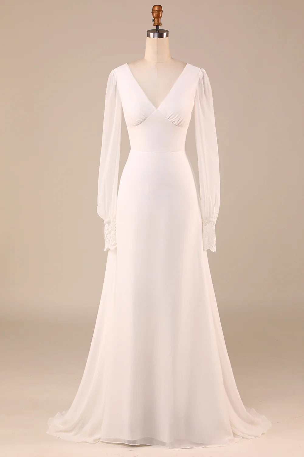 DingJiDress Ivory Long Sleeves Boho Chiffon Open Back Wedding Dress