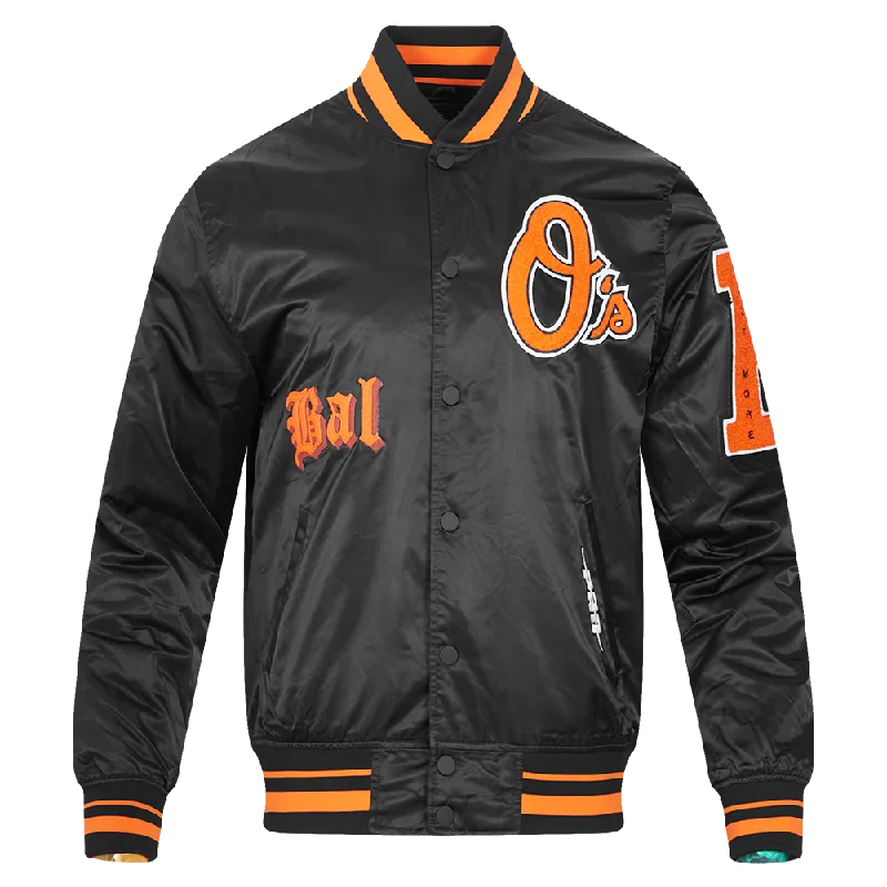 MLB BALTIMORE ORIOLES OLD ENGLISH MEN'S RIB SATIN JACKET (BLACK/ORANGE)