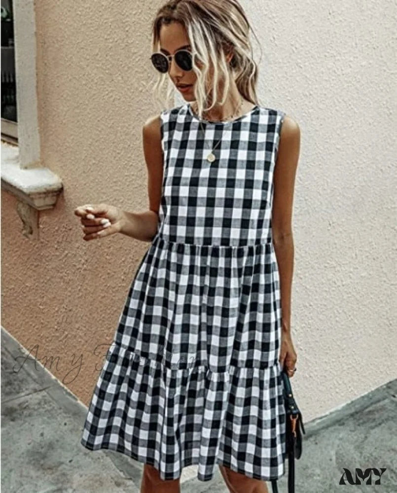 Amy Fashion - Casual Loose Plaid Print Ruffled Midi Dress