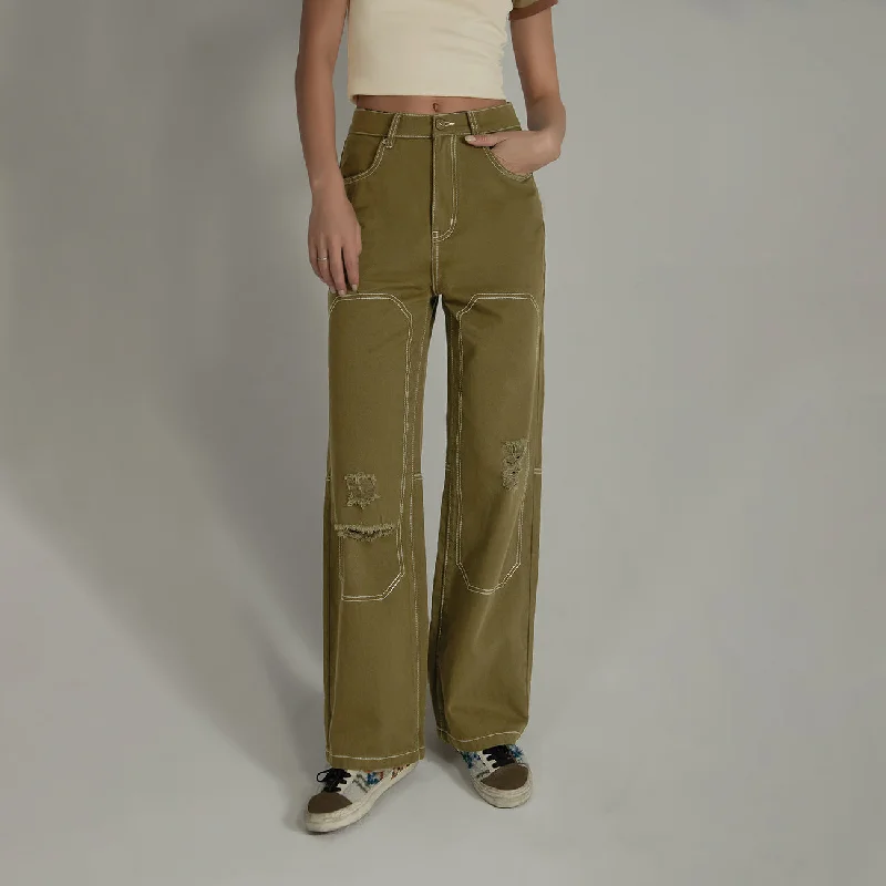 Distressed Ripped Outlined Cotton Wide Pants