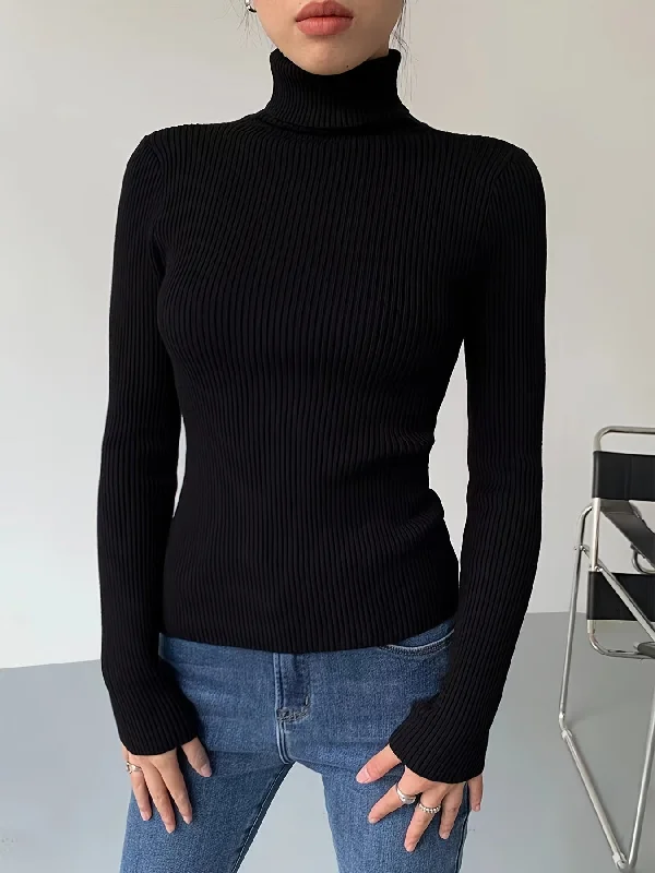 Sixsr Women's Sweater Turtleneck Solid Ribbed Long Sleeve Slim Pullover Knit Tops