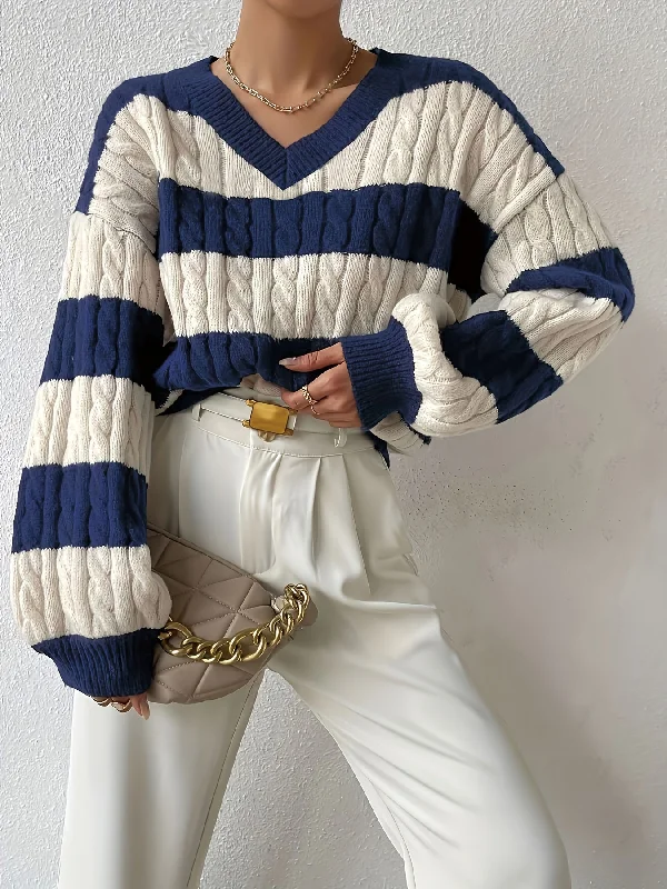 Sixsr Color Block Drop Shoulder Sweater, Casual Long Sleeve Sweater For Fall & Winter, Women's Clothing