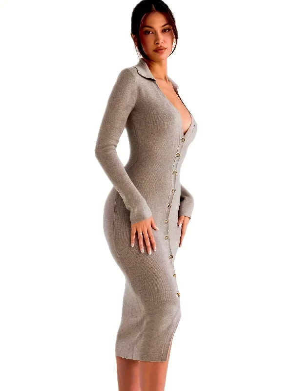 Sixsr Button Front Midi Dress, Casual Long Sleeve Bodycon Dress, Women's Clothing