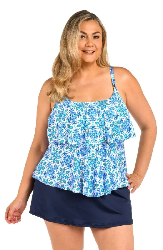 24TH & OCEAN PLUS SIZE BEACHSIDE TILE TIERED TANKINI TOP