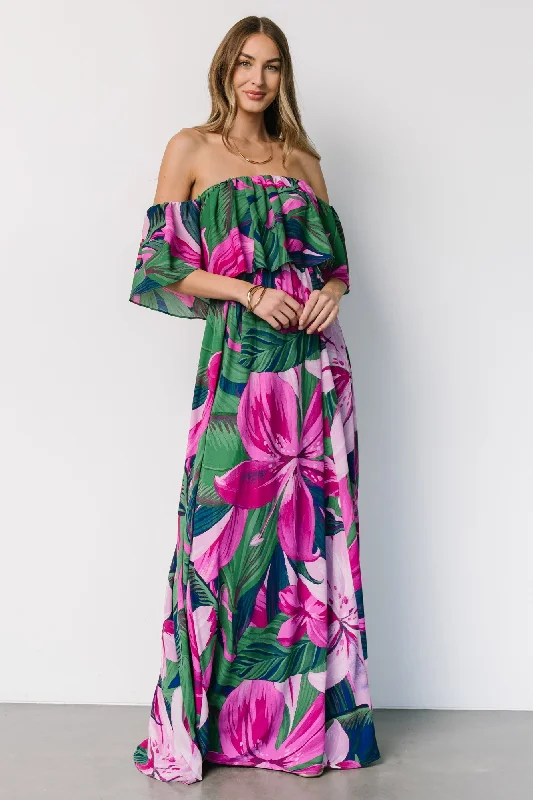 Azalea Off Shoulder Maxi Dress | Green + Fuchsia Floral