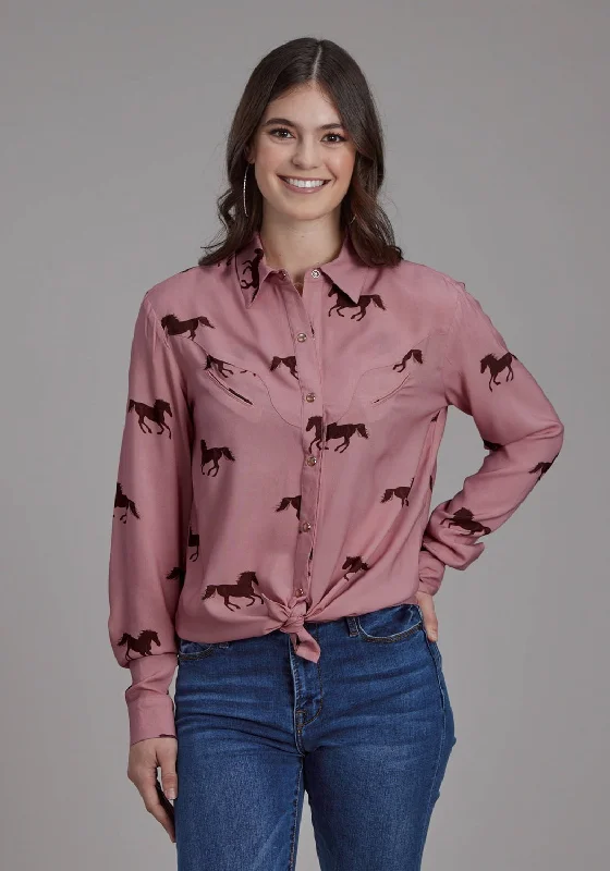 Roper Womens Wild Horses Tie Pink 100% Rayon L/S Blouse