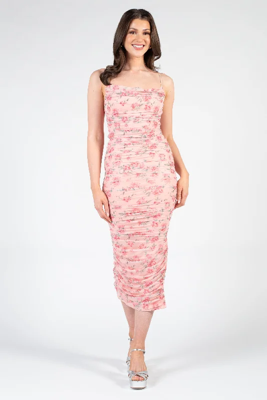 Whitney Floral Ruched Mesh Midi Dress