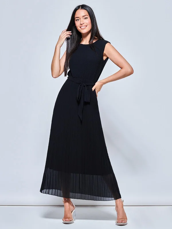 Pleated Chiffon Sleeveless Maxi Dress, Black