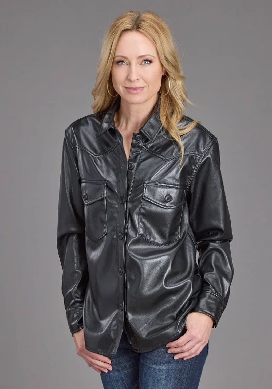 Stetson Womens Oversized Box Pleat Black Faux Leather L/S Shirt