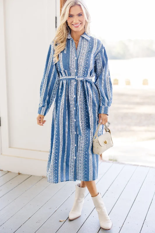 Feeling Confident Blue Embroidered Midi Dress