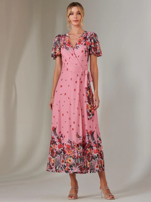 Mirror Print Mesh Wrap Maxi Dress, Pink Floral