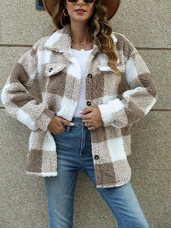 Sixsr Plaid Pattern Teddy Coat, Casual Button Front Long Sleeve Winter Outerwear, Women's Clothing