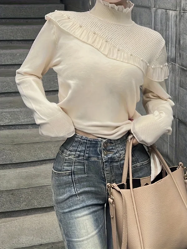 Sixsr Beaded Lace Trim Turtle Neck Knitted Top, Elegant Long Sleeve Slim Sweater For Spring & Fall, Women's Clothing