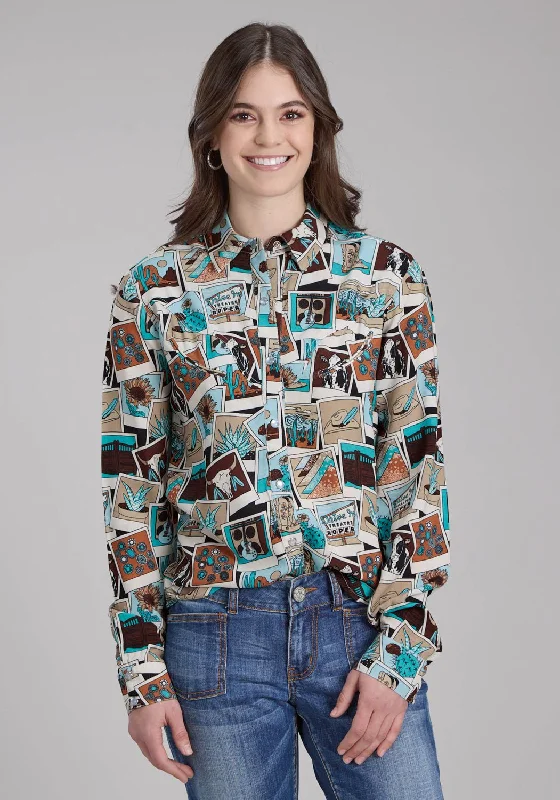 Roper Womens Photo Collage Multi-Color 100% Rayon L/S Blouse