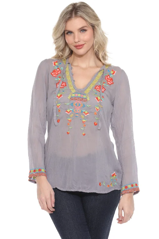 Johnny Was Embroidered V-Neck Tie Blouse JW31123