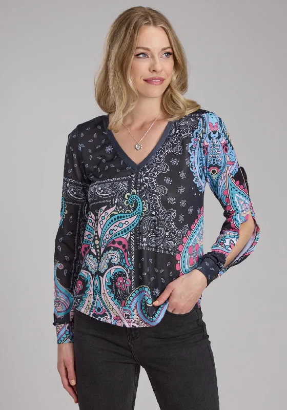 Roper Womens Hankerchief Sublimation Multi-Color Poly/Spandex L/S Blouse