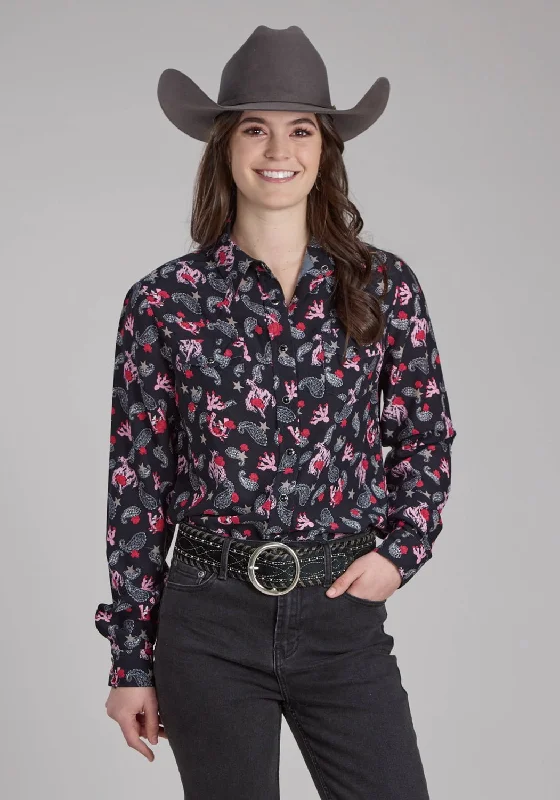 Roper Womens Bronc Rider Print Black 100% Rayon L/S Blouse