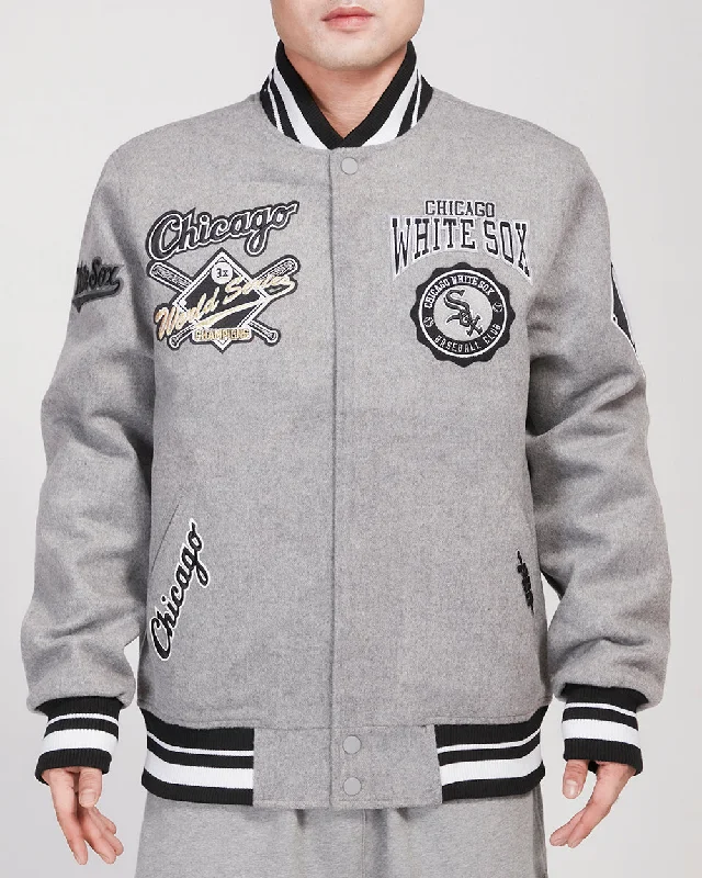 MLB CHICAGO WHITE SOX CREST EMBLEM MEN'S RIB WOOL VARSITY JACKET (HEATHER GRAY/BLACK)