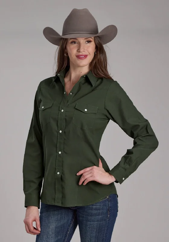 Roper Womens 2132 Broadcloth Dark Olive Cotton Blend L/S Shirt