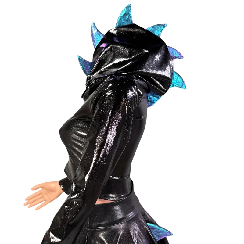 Black Metallic Dragon Spike Hooded Crop Top - Choose Sleeve Length