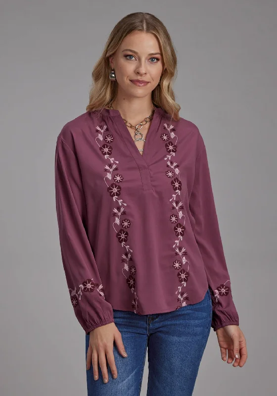 Roper Womens Banded Color Floral Mauve 100% Polyester L/S Blouse