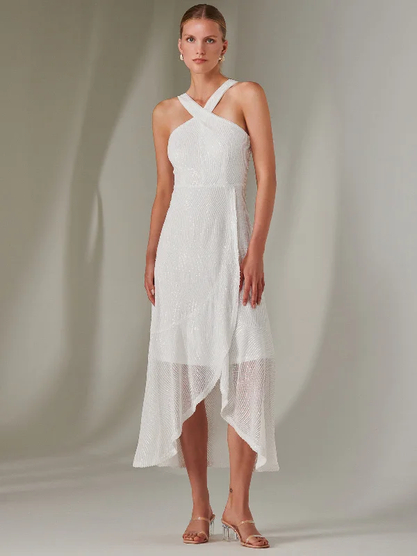 Cross Neck Frill Hem Maxi Dress, White