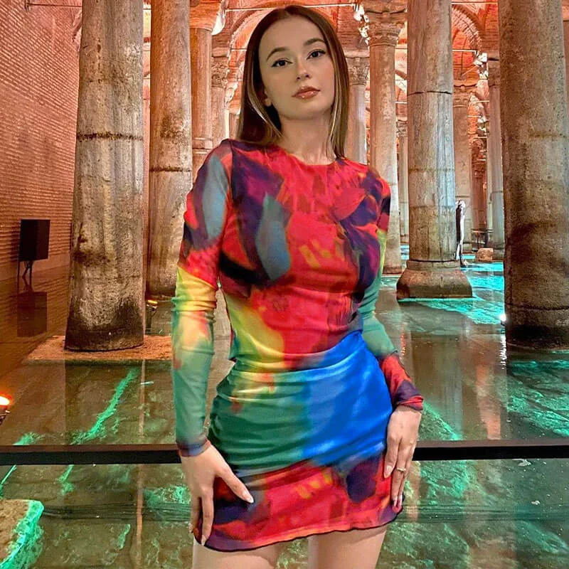 Tie Dye Crew Neck Long Sleeve Cut Out Bodycon Mini Dress - Multicolor