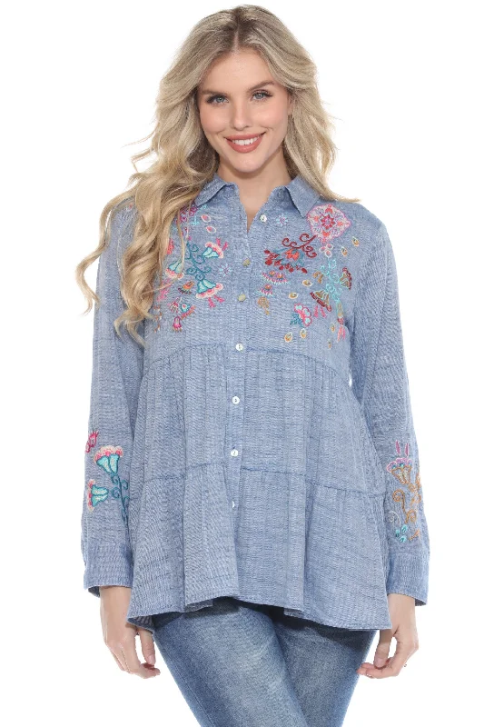 Johnny Was Workshop Blue Alesa Tiered Shirt Tunic Top W20624