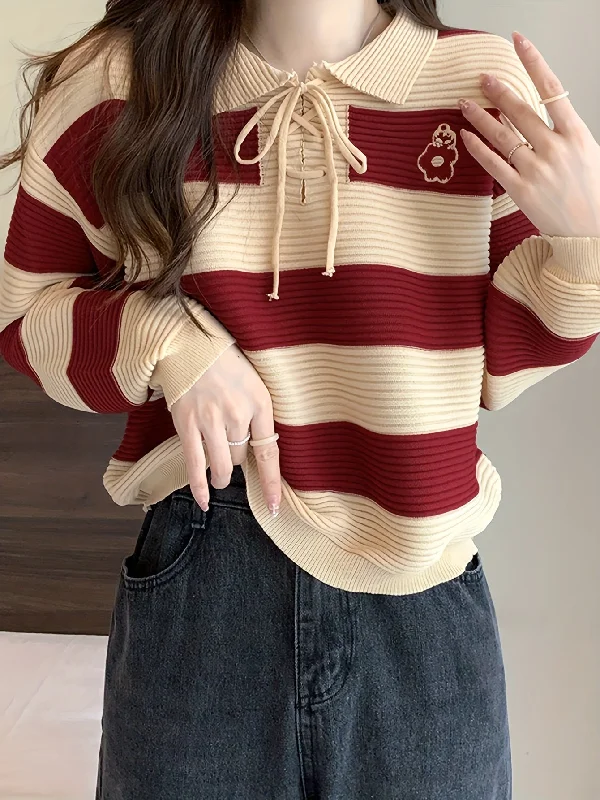 Sixsr Striped Tie Neck Pullover Sweater, Casual Long Sleeve Drop Shoulder Sweater, Women's Clothing