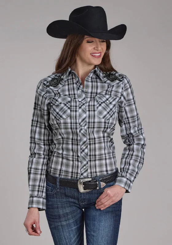 Roper Womens 2126 Plaid Grey/White Cotton Blend L/S Shirt