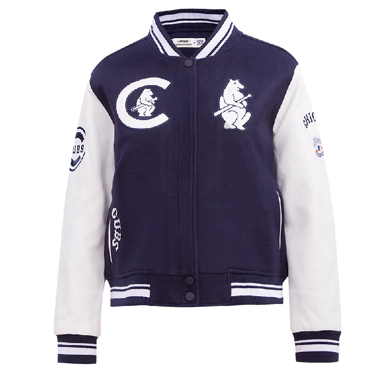 MLB CHICAGO CUBS RETRO CLASSIC WOMEN'S RIB WOOL VARSITY JACKET (EGGSHELL/ MIDNIGHT NAVY)