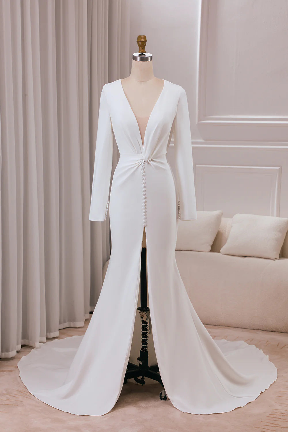 DingJiDress Ivory Deep V-neck Long Sleeves Crepe Mermaid Wedding Dress with Front Slit